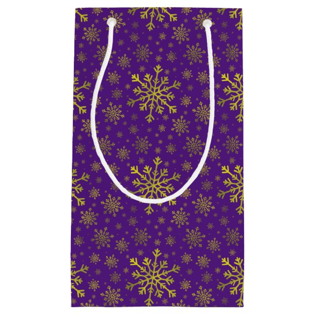 Petit Sac Cadeau Coucou jaune or Noël Snowflakes sur violet   (Devant)