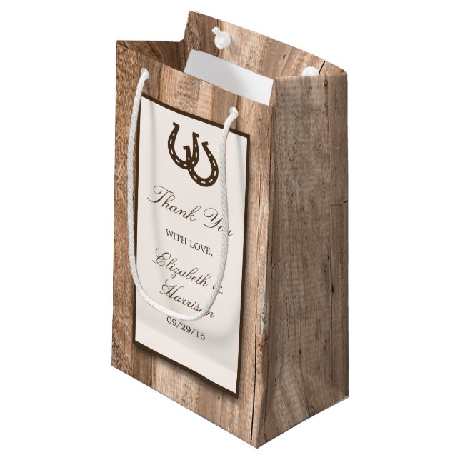 Petit Sac Cadeau Country Rustic Horseshoe & Brown Wood Mariage (Devant Angle)