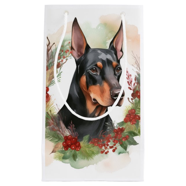 Petit Sac Cadeau Coupe festive Doberman Christmas Wreath (Devant)