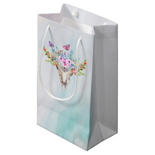 Petit Sac Cadeau Crâne animal Boho avec papillons et fleurs
