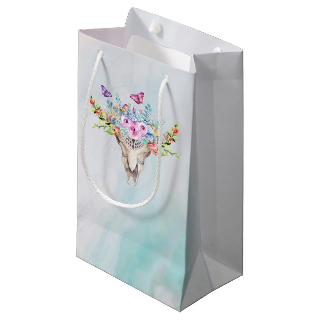 Petit Sac Cadeau Crâne animal Boho avec papillons et fleurs (Devant Angle)