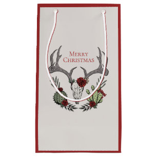 Petit Sac Cadeau Crâne de Noël Boho, Antlers, Roses et Cactus