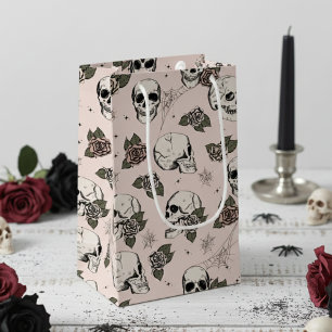 Petit Sac Cadeau Crâne d'Halloween rose pâle et élégant