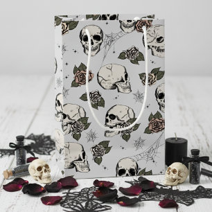 Petit Sac Cadeau Crânes gothiques gris clair et Halloween Rose