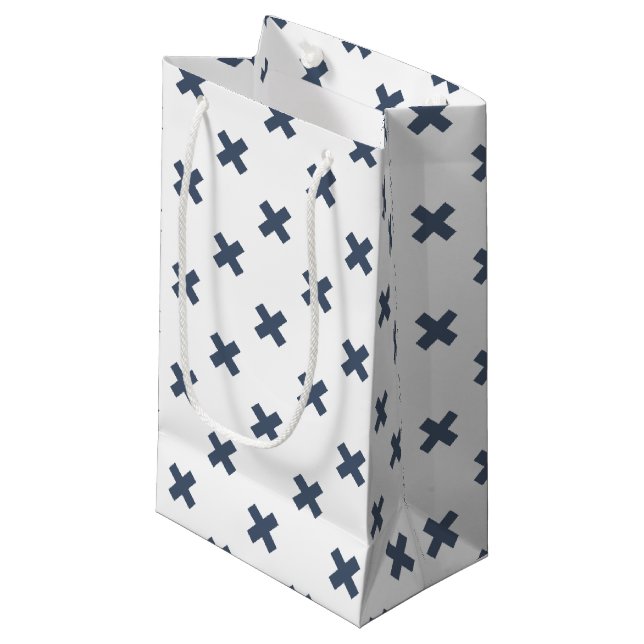 Petit Sac Cadeau Crochets bleu-gris sur blanc (Devant Angle)
