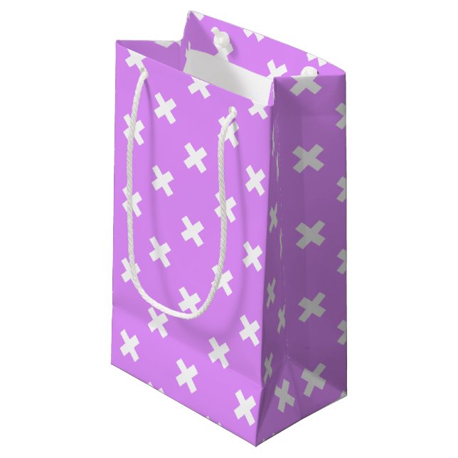 Petit Sac Cadeau Croix blanches sur lilas (Devant Angle)