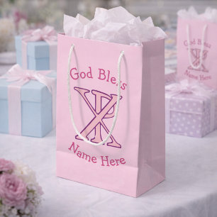 Petit Sac Cadeau Croix chrétienne Chi Ro rose sur personnalisé rose