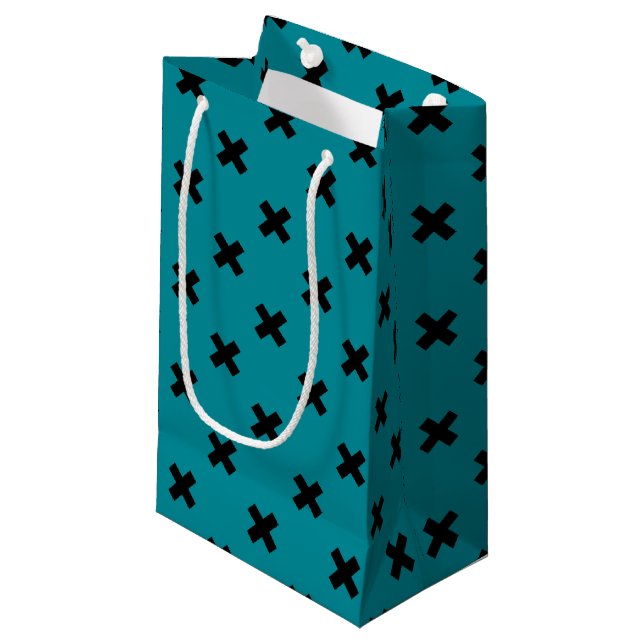 Petit Sac Cadeau Croix noire sur turquoise (Devant Angle)