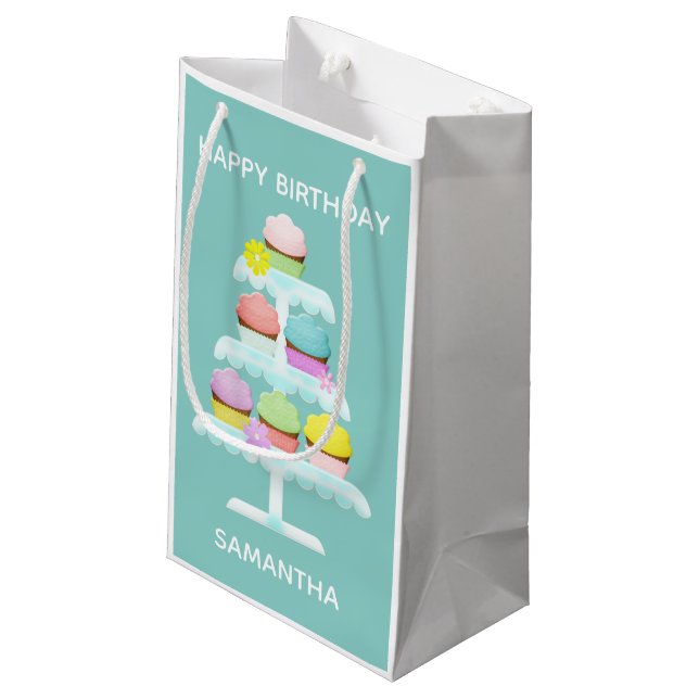Petit Sac Cadeau Cupcakes Cake Stand Turquoise Joyeux Anniversaire (Dos Angle)