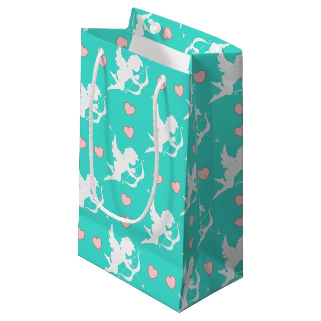 Petit Sac Cadeau Cupides et Coeurs Turquoise (Devant Angle)