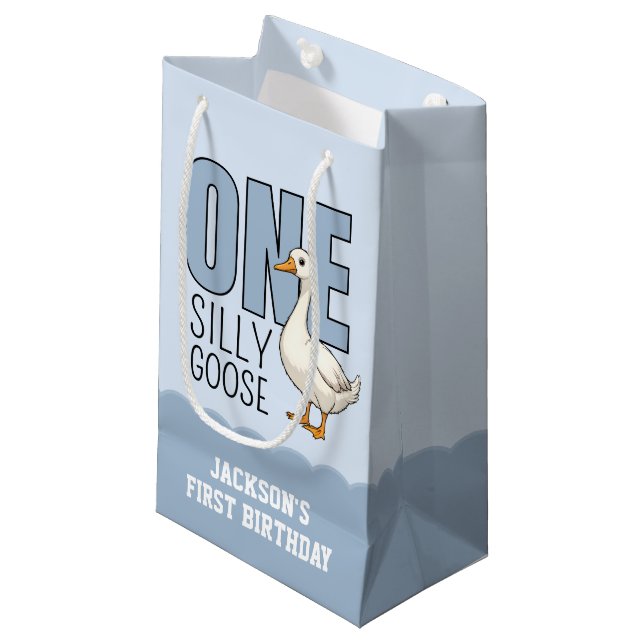 Petit Sac Cadeau Custom Modern Blue One Silly Goose First Birthday (Devant Angle)