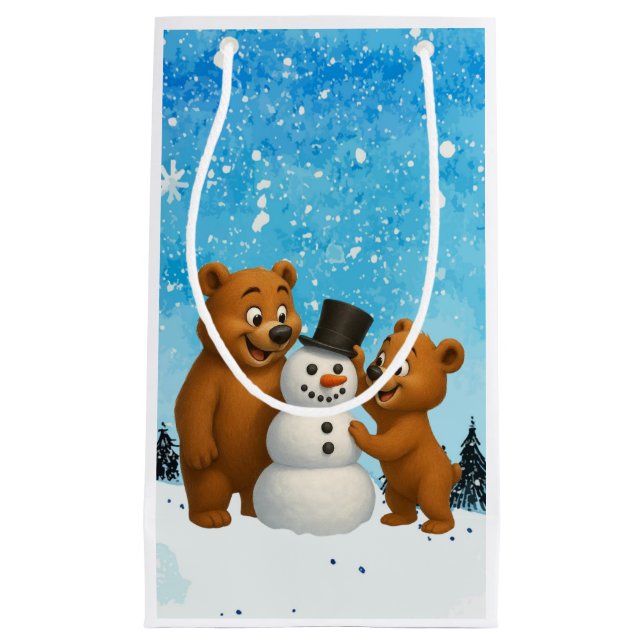 Petit Sac Cadeau cute bears building a snowman (Devant)