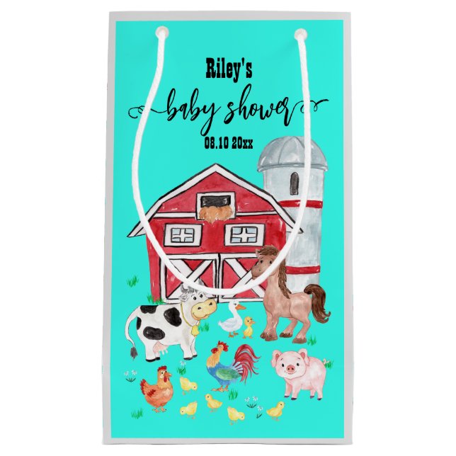 Petit Sac Cadeau Cute Farm Animaux Baby shower Turquoise (Devant)