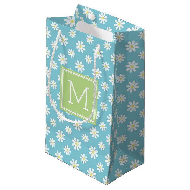Petit Sac Cadeau Cute Green et Blue Daisies Motif Personnalisé (Devant Angle)