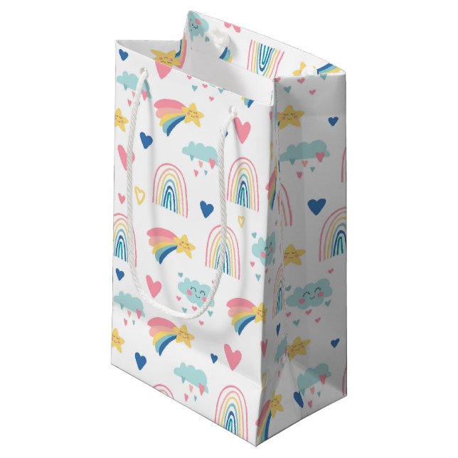 Petit Sac Cadeau Cute Rainbow Hearts & Clouds Motif (Devant Angle)