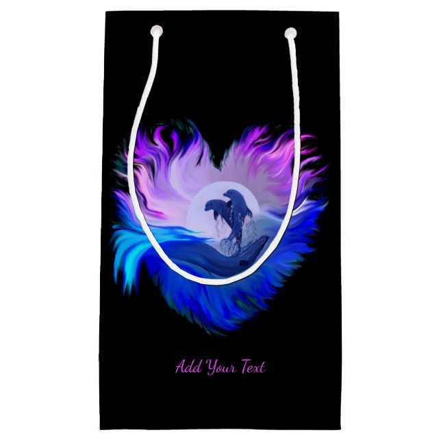 Petit Sac Cadeau Dauphins au clair de lune, Coeur, Ajouter votre te (Devant)