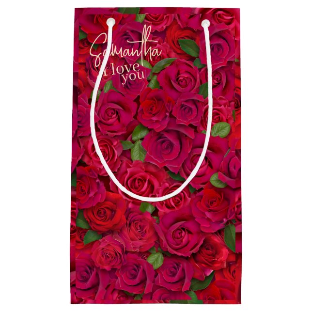 Petit Sac Cadeau Deep Red Rose Pattern I Love You With Custom Name (Devant)