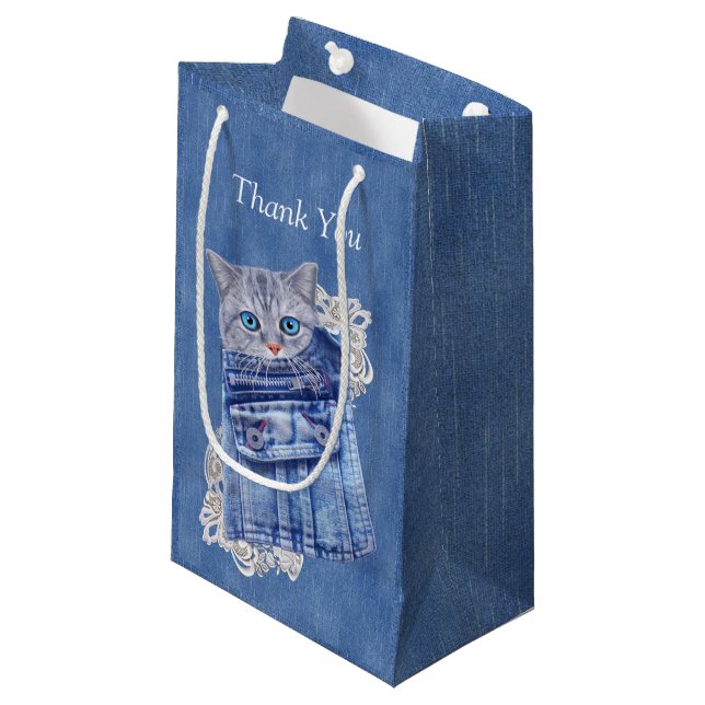 Petit Sac Cadeau Denim Jean poches, chatons et dentelle (Devant Angle)