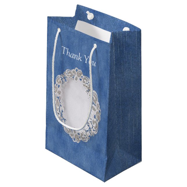 Petit Sac Cadeau Denim Jean poches et dentelle (Devant Angle)