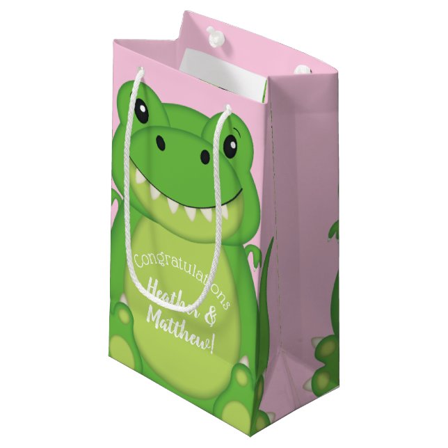 Petit Sac Cadeau Dinosaure Baby shower T-Rex Rose Girl (Devant Angle)