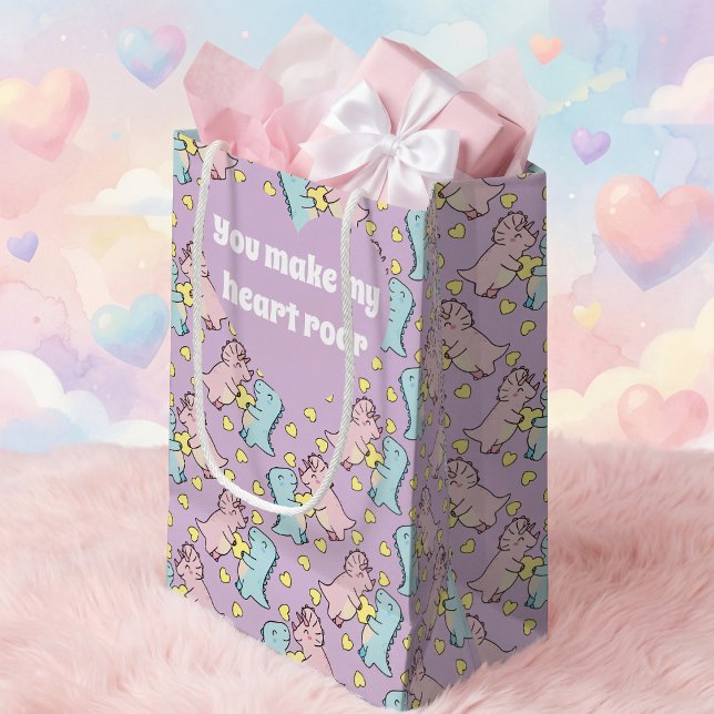 Petit Sac Cadeau Dinosaure Pastel Rose & Bleu (Cute pastel dinosaur love bag. It's perfect for Valentine’s Day surprises. Change the words.)