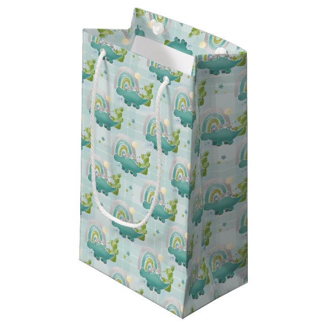 PETIT SAC CADEAU DINOSAURES ET COUPEAUX TURQUOISE ADORABLES (Devant Angle)