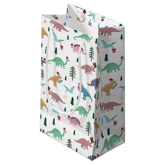 Petit Sac Cadeau Dinosaures festifs Motif de Noël (Devant Angle)