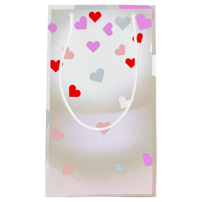 Petit Sac Cadeau Effet Perle Blanche avec cœurs  (Devant)