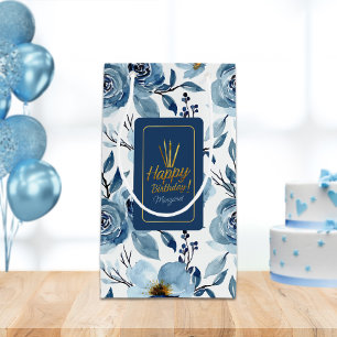 Petit Sac Cadeau Elégant bleu floral blanc joyeux nom d'anniversair