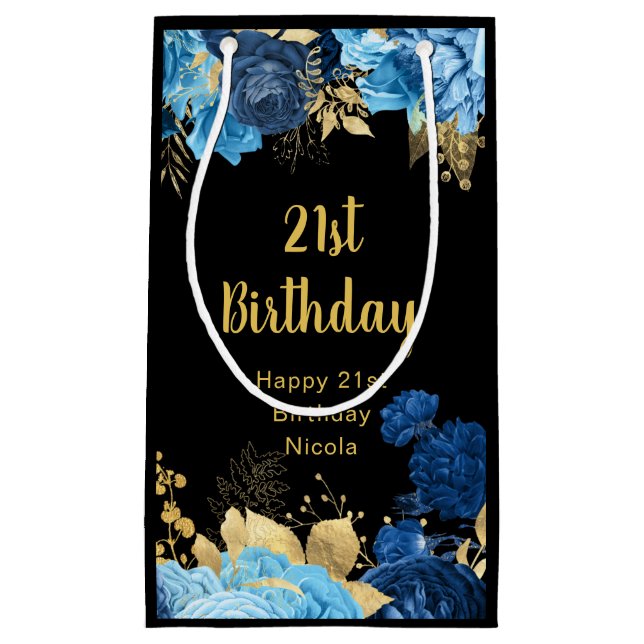 Petit Sac Cadeau Elegant Blue and Gold Flowers Birthday Party (Devant)