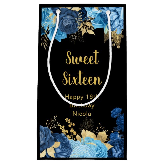 Petit Sac Cadeau Elegant Blue and Gold Flowers Sweet Sixteen (Devant)