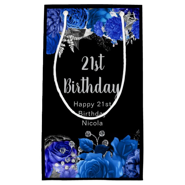Petit Sac Cadeau Elegant Blue and Silver Flowers Birthday Party (Devant)