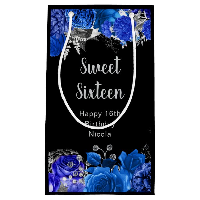 Petit Sac Cadeau Elegant Blue and Silver Flowers Sweet Sixteen (Devant)