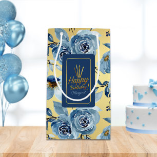 Petit Sac Cadeau Elégant Blue Floral Gold Joyeux Anniversaire Nom