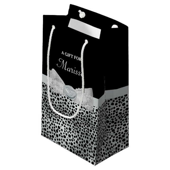 Petit Sac Cadeau Elégant Cheetah Argent Imprimer Frilly Bow Avec No (Devant Angle)