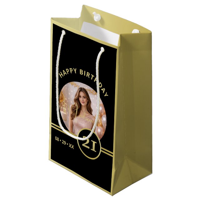 Petit Sac Cadeau Elegant Gold Signature Monogram with Photo (Devant Angle)