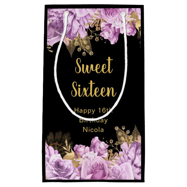 Petit Sac Cadeau Elegant Lilac and Gold Flowers Sweet Sixteen (Devant)