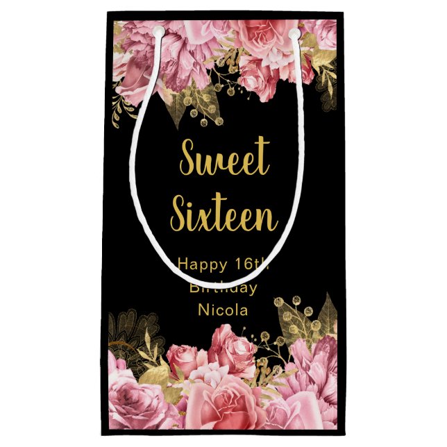 Petit Sac Cadeau Elegant Pink and Gold Flowers Sweet Sixteen  (Devant)
