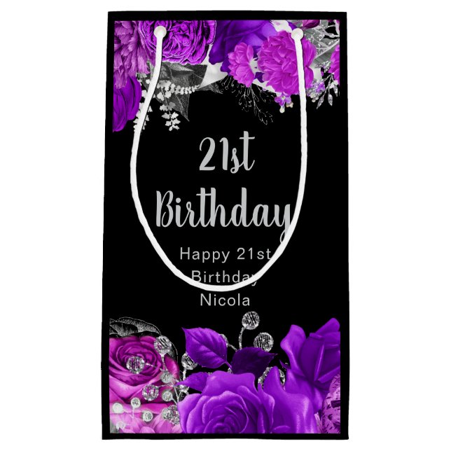 Petit Sac Cadeau Elegant Purple and Silver Flowers Birthday  (Devant)