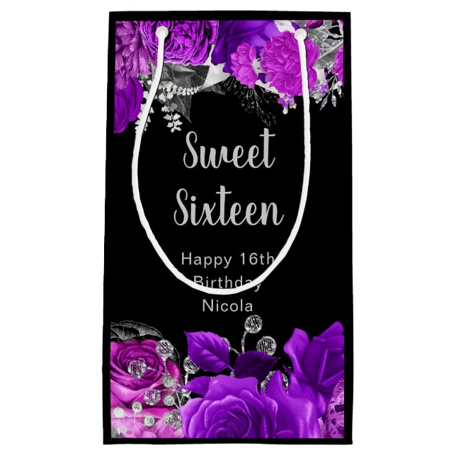 Petit Sac Cadeau Elegant Purple and Silver Flowers Sweet Sixteen (Devant)