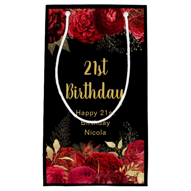 Petit Sac Cadeau Elegant Red and Gold Flowers Birthday (Devant)