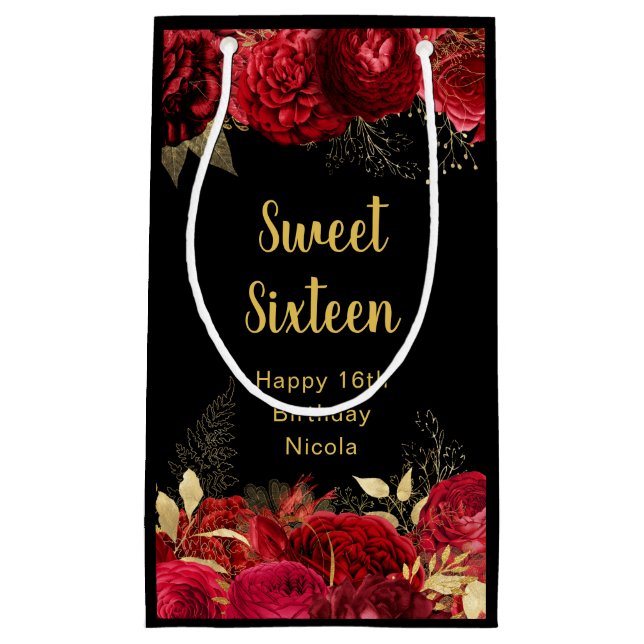 Petit Sac Cadeau Elegant Red and Gold Flowers Sweet Sixteen  (Devant)