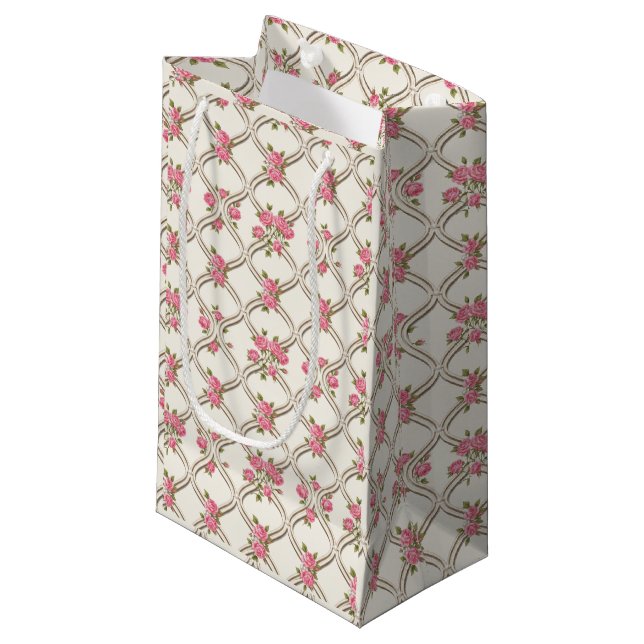 Petit Sac Cadeau Elegant Rococo Revival Pink Floral & Beige Lattice (Devant Angle)