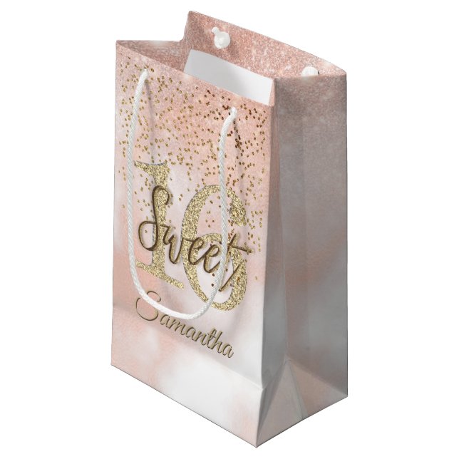 Petit Sac Cadeau Élégant Sweet 16 Anniversaire Blush Pink Gold Part (Devant Angle)
