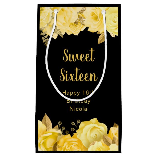 Petit Sac Cadeau Elegant Yellow and Gold Flowers Sweet Sixteen (Devant)