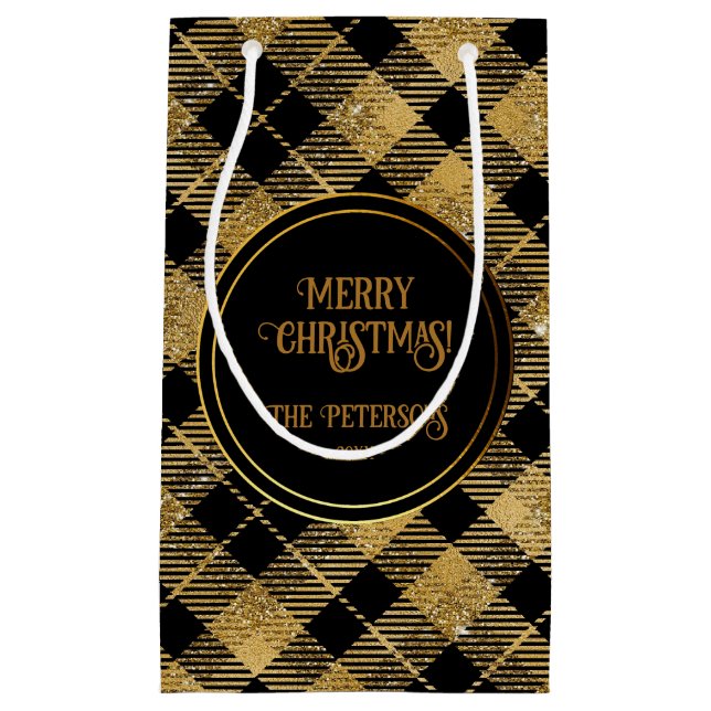Petit Sac Cadeau Elégante Parties scintillant Tartan Black Gold (Devant)