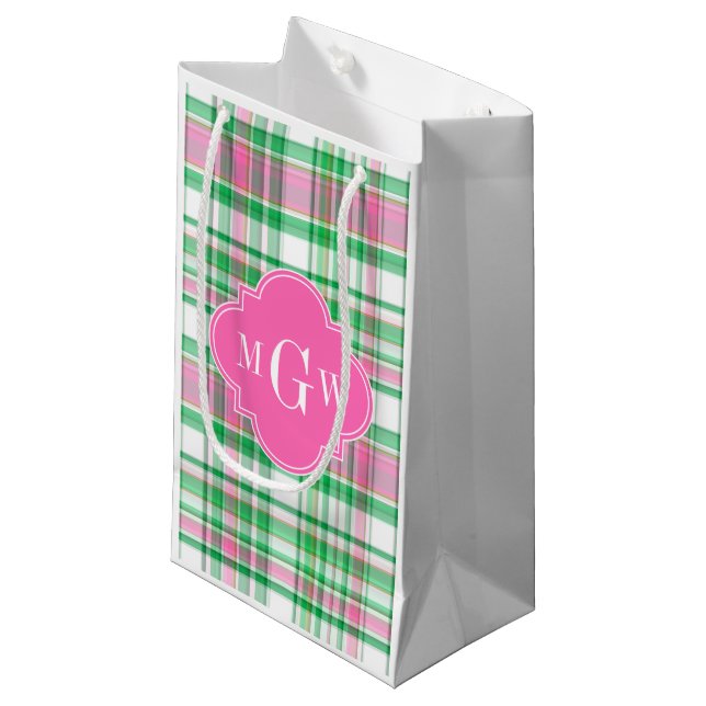 Petit Sac Cadeau Emerald Green Hot Pink Wht Preppy Madras (Devant Angle)