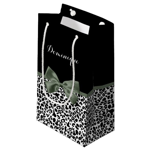 Petit Sac Cadeau Empreinte de léopard animal Motif noir vert Bow (Devant Angle)