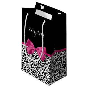 Petit Sac Cadeau Empreinte de léopard en ruban rose foncé avec no