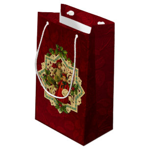 Petit Sac Cadeau Enfants vintages de Noël sur la damassé rouge
